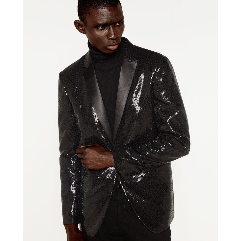 Zara Man Black Sequin Satin Lapel Blazer Jacket US 44 EUR 54 Single Button
